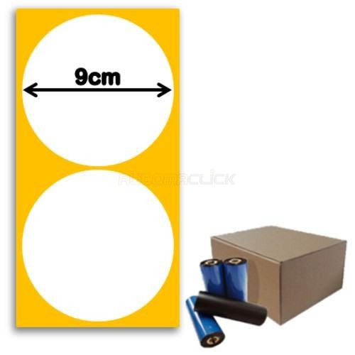 Etiquetas de Papel Couche, 90mm x 90mm (Redonda) + Ribbon Cera 91 Metros Etiquetas de Papel Couche, 90mm x 90mm (Redonda) + Ribbon Cera 91 Metros